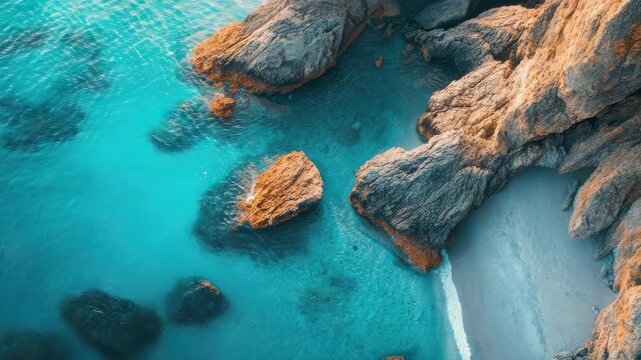 A picturesque rocky shore with a calm water tide pool, overlooking the blue ocean waters.