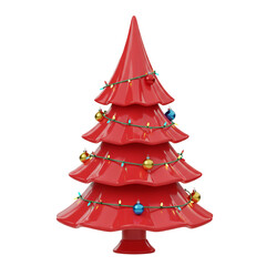 A Vibrant Red Christmas Tree Ornamented with Colorful Festive Decorations on White Background