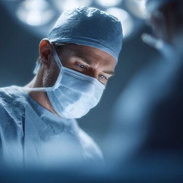 A focused surgeon in scrubs and mask under bright surgical lights. Conveys precision, dedication, and medical expertise. Perfect for healthcare, science, or hope themes.