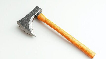 A handcrafted axe with a light orange wood handle and a textured, silver-grey steel head, displayed against a stark white backdrop