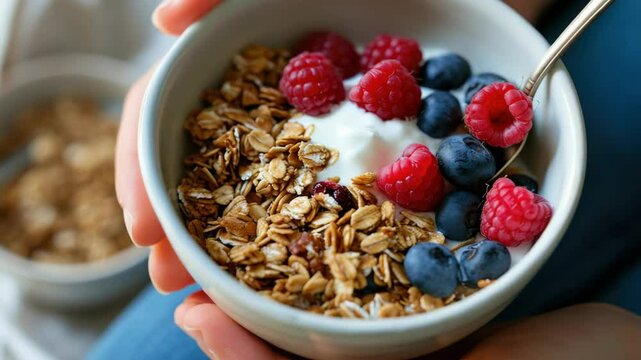 Hand holding a bowl of yogurt and cereal with fresh fruit on top. A healthy and delicious meal.