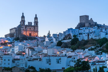 Castle of the beautiful white village of Olvera at sunset. Cadiz, Andalucia, Spain.