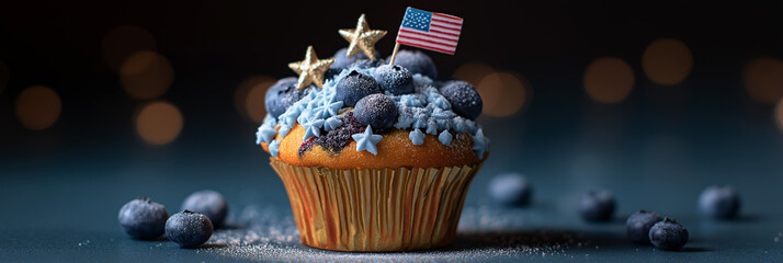 Pastel blueberry muffin topped with star sprinkles and a small American flag toothpick, radial blur emphasizing the raised muffin crown