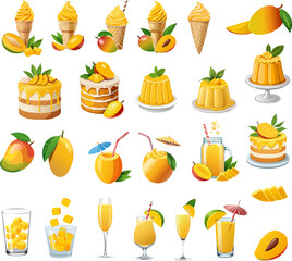 Delicious mango desserts and drinks set against a blank canvas