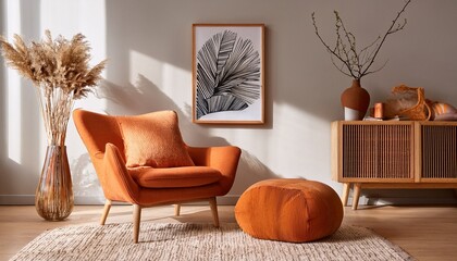 minimalist living room design terra cotta accent armchair orange pillow modern japandi interior decor wooden frame picture beige pouf vase with dry flowers on st