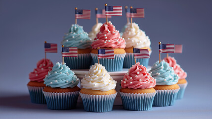 Pastel cupcake tower layered with tri-color frosting and tiny flag toppers, subtle chromatic aberration on the cream peaks for visual pop