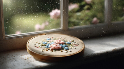 Delicate floral embroidery in a hoop rests on a sunlit windowsill. Serene, handcrafted, and nostalgic. Evokes themes of home, craft, and springtime beauty.