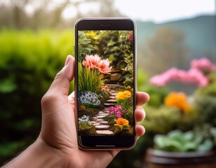 hand holding smartphone displaying a miniature garden with vibrant flora
