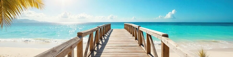 Fototapeta premium Sun-drenched wooden boardwalk stretching along a pristine sandy beach, turquoise water gently lapping the shore Perfect for summer vacation imagery or coastal lifestyle themes , tranquility, tropical