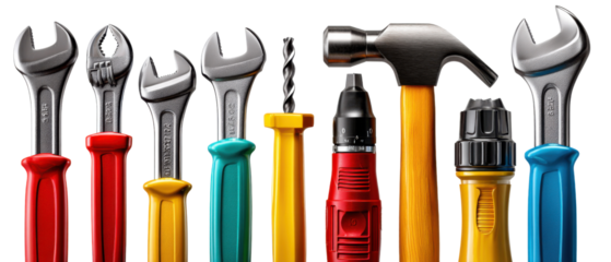 Assortment of Tools: A collection of essential tools, including wrenches, a drill, a hammer, and more, arranged in a row. Reflecting the diverse equipment needed for construction, repair.