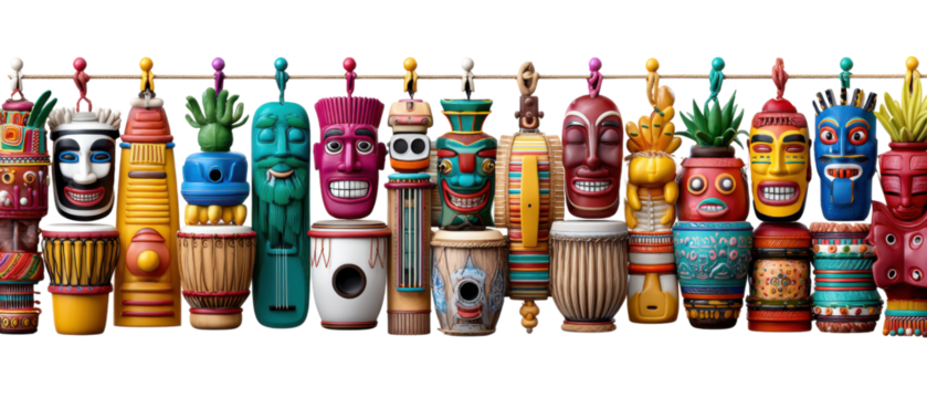 Artistic Totem Poles: Vibrant and uniquely designed totem poles strung together on a line, showcasing diverse cultural expressions. A celebration of artistry and heritage.