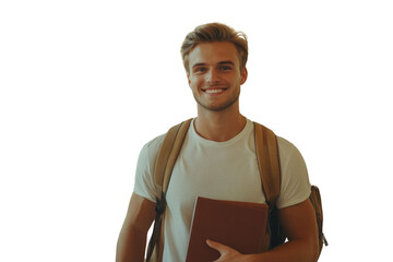 Handsome young confident college student. Smiling male student with backpack and books walking on campus indoors. Young man ready for classes or studying. Confident and happy college student. PNG