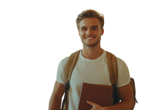 Handsome young confident college student. Smiling male student with backpack and books walking on campus indoors. Young man ready for classes or studying. Confident and happy college student. PNG