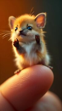 Adorable tiny fox-like creature perched on a fingertip, raising a paw in greeting