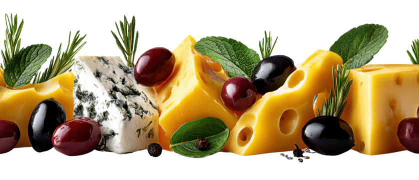 Cheese and Culinary Delights: An appetizing array of gourmet cheese and complementary culinary accents such as olives, grapes, and fresh herbs, capturing the essence of a delicious.