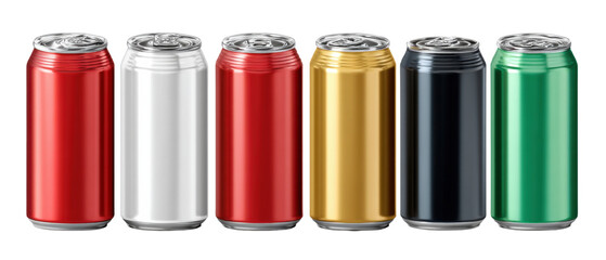 Assortment of Beverage Cans: A captivating array of vividly colored beverage cans, standing side-by-side, embodying themes of refreshment, choice, and modern design.