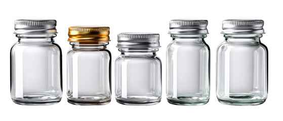 Clear Jar Display: An assortment of transparent glass jars with metal lids, meticulously arranged against a clean backdrop. It reflects the clear beauty and simplicity.