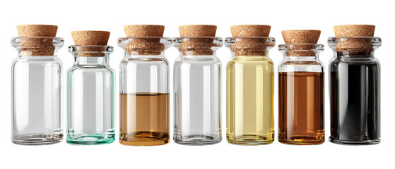 A Symphony of Essences: An artful arrangement of apothecary bottles, each containing a unique aromatic essence, displayed in a visually appealing composition.