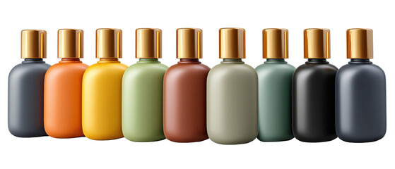 A Palette of Serenity: An exquisite ensemble of vibrantly colored skincare product bottles, artfully arranged to showcase beauty in simplicity.