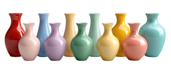 A 3D render of a set of three white ceramic vases, isolated on a white background, perfect for decoration or design