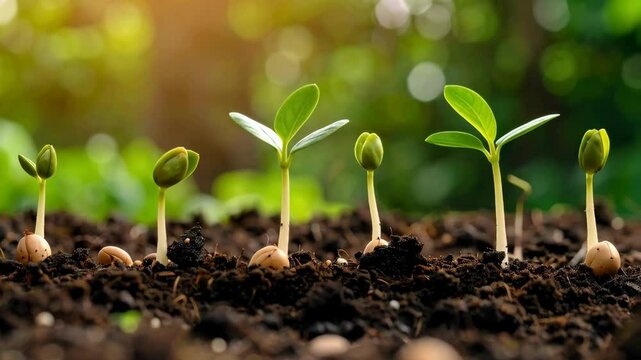 Seedling evolution showing growth phases of green sprouts from seed into plant on dark soil with blurred background, representing new life