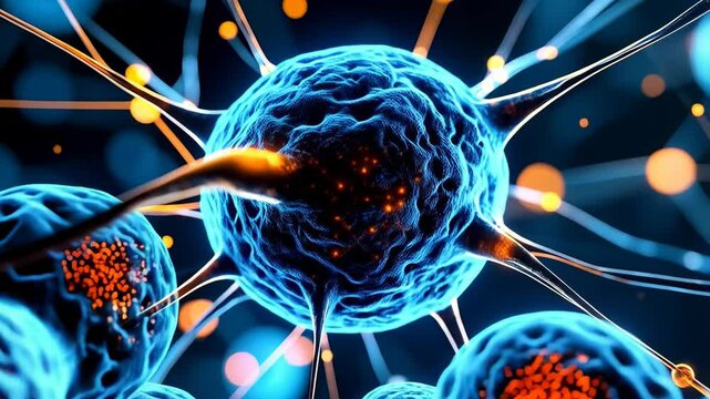 Detailed neuron cell with glowing synapses and axon projections sending electrical impulses with blue and orange color scheme and glowing dots