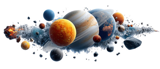 Colorful watercolor paint splashes create an abstract background with decorative round objects like Easter eggs, spheres, and planets
