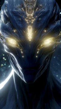 Close-up of a futuristic humanoid alien figure with glowing eyes and intricate head detailing against a bokeh background, sci-fi concept
