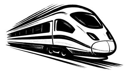 Monochrome Illustration of a High Speed Train in Motion Viewed from a Low Angle © slowbuzzstudio