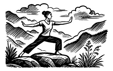 Asian Woman Practicing Tai Chi in Mountains Landscape Black and White Engraved Art
