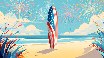 Surfboard painted with American flag by summer shoreline