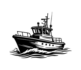 Naklejka premium Black and White Vector Illustration of a Fishing Boat on the Water Isolated on White