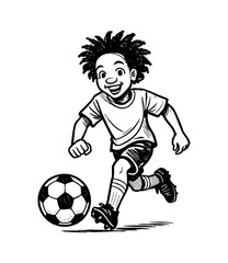 African American boy playing soccer ball happily with line art drawing illustration
