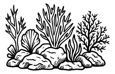 Black and white vector illustration of rocks and seaweed on a white background.
