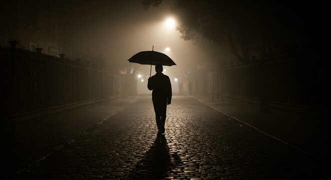 Silhouette of Man Walking in Fog at Night with Umbrella - Powered by Adobe