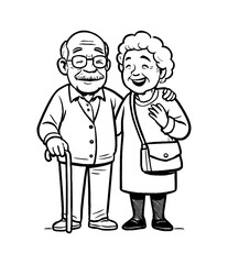 Happy Elderly Couple Smiling and Embracing Each Other in Black and White Illustration
