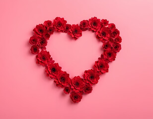 Obraz premium Paper cut-style red flowers and heart shapes on a soft pink background. Flat lay composition with copy space, perfect for love, wedding, or romantic greeting card, pink flower background