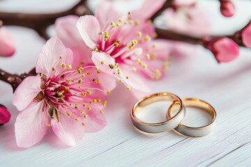 Delicate pink blossoms frame two gold wedding bands resting on a pale wood surface