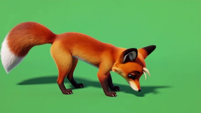 A cute animated fox character with expressive eyes stands on a green chroma key background, sniffing the ground as it moves. Concept of cartoon animal mockup, character design, and creative animation 