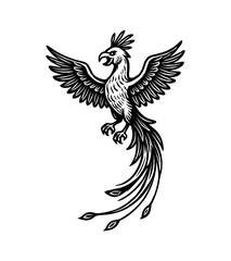 Fototapeta premium Stylized Drawing of a Phoenix with Wings Spread in Black and White Vector Illustration