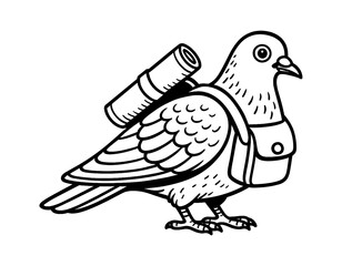 Obraz premium Pigeon with Backpack and Sleeping Bag, Cartoon Illustration in Black and White Outline Art
