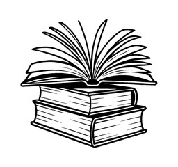 Stack of Books with Open Book on Top in Black and White Line Art, Educational Illustration