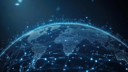 A stylized Earth globe depicted with a network of interconnected nodes and lines, suggesting global connectivity and data flow.  The dark blue background accentuates the glowing lines