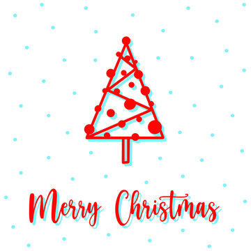 New year postcard with hand drawn red tree. Festive tree with decorations and snowflakes on white background. Concept happy new year postcard to send your holiday wishes in postcard. Merry Christmas
