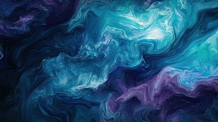 Abstract swirling paint patterns in deep blues, purples, and turquoise