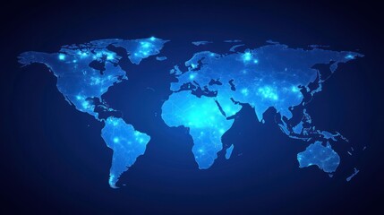 Blue illuminated world map highlighting densely populated areas with bright points