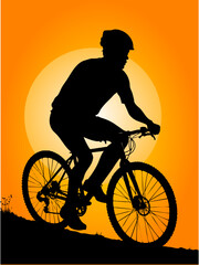 Obraz premium Dynamic Mountain Biker Silhouette Cycling Uphill at Sunset - Vector Illustration of Adventure