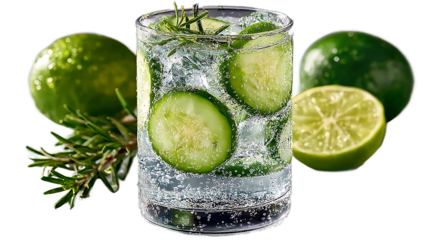 Refreshing cucumber and lime infused sparkling water with rosemary sprig