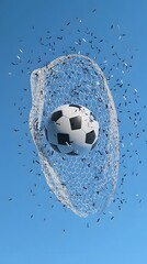 Naklejka premium Soccer ball entering a net against a clear sky.