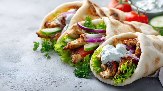 Fototapeta souvlaki with tzatziki, pita bread, and fresh vegetables on a light stone surface with copy space